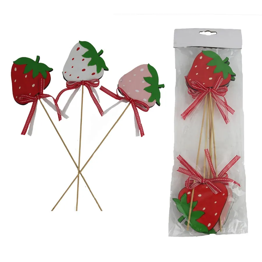 Strawberry deco on stick, 6 pcs  D7007