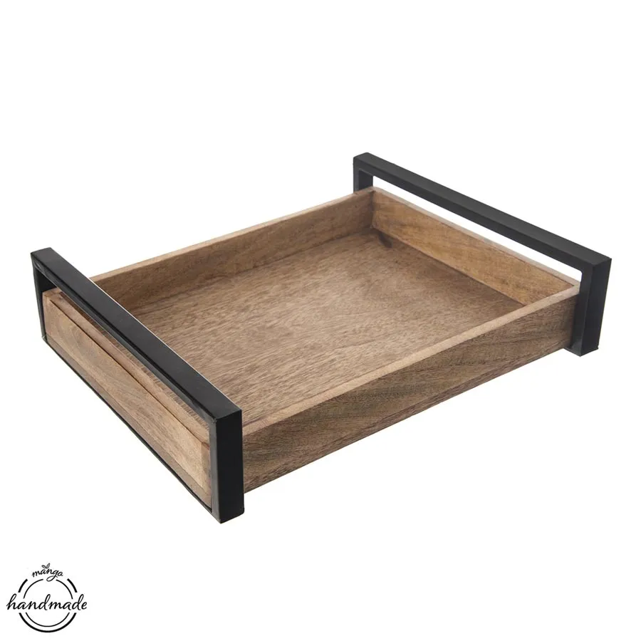 Tray wood/metal MANGO 35.5x27 cm large