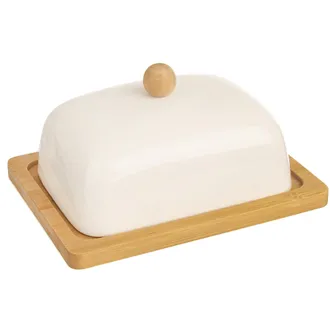 Porcelain and bamboo butter dish round WHITELINE 16.5x12.5 cm