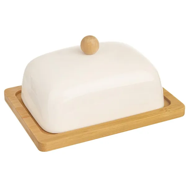 Porcelain and bamboo butter dish round WHITELINE 16.5x12.5 cm