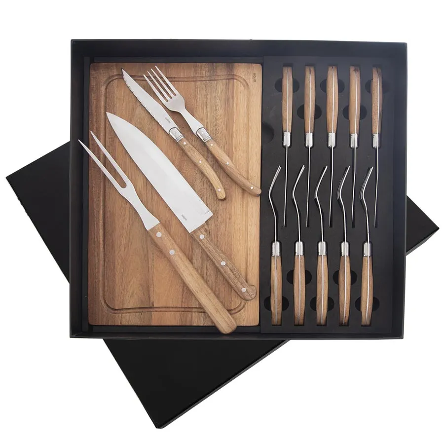 Steak set knife + fork + fork stainless steel/wood