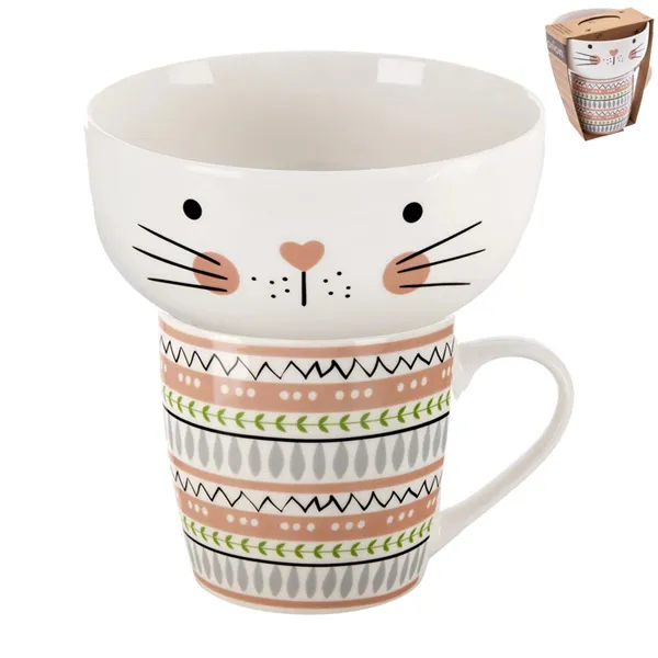 Mug + bowl porcelain set cat 0,35 l O0497