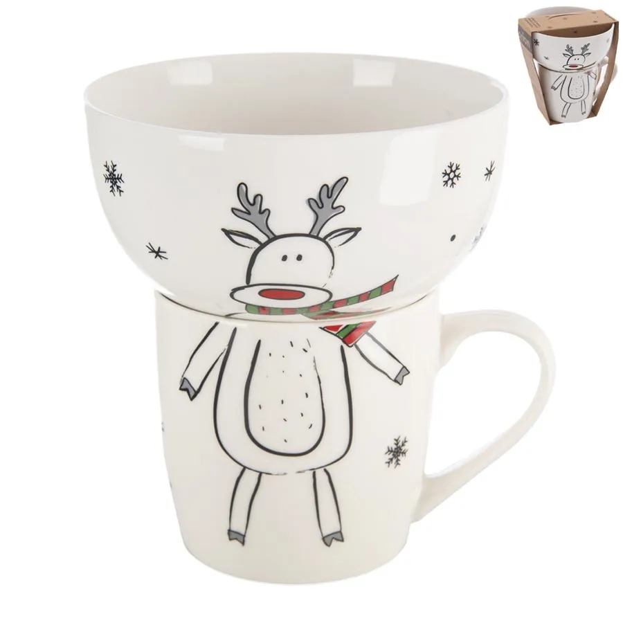 Mug + bowl porcelain set reindeer 0,35 l O0501